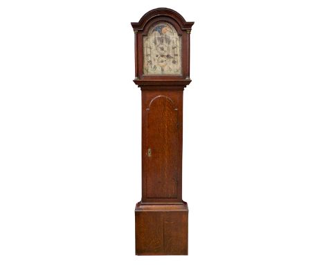 18th century longcase clock with eight day movement, twelve inch silvered break arch dial with integral chapter ring and engr