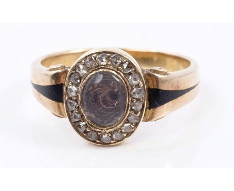 Victorian diamond and black enamel mourning ring, the oval bezel with a glazed compartment of hair, surrounded by rose cut di