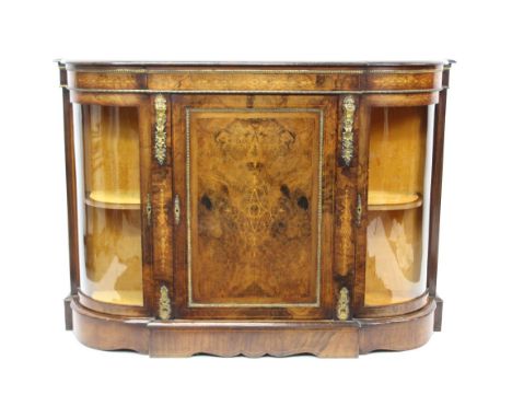 Victorian walnut inlaid and gilt metal mounted bow front credenza with line inlaid frieze and panel door enclosing shelves fl