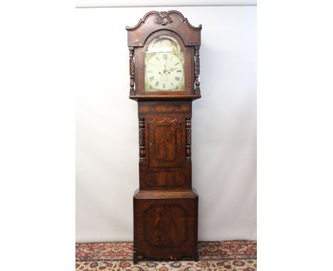 Late 17th century longcase clock with eight day movement, fourteen inch painted break arch dial with Roman numerals, subsidia