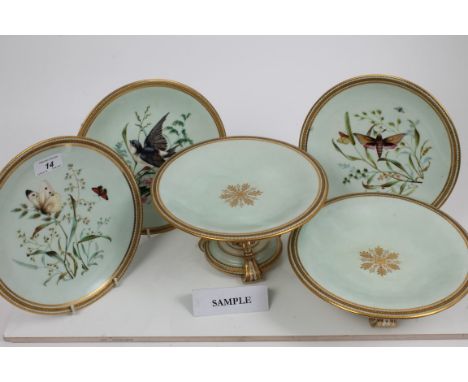 Victorian Royal Worcester dessert service, comprising eight plates with painted butterflies, birds and flora on duck-egg blue