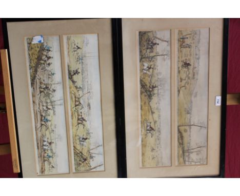 After Henry Alken, pair tinted engravings - hunting scenes - four framed as a pair, each panel 13cm x 55cm