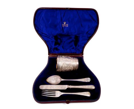 Victorian cased silver christening set, comprising beaker (London 1879), maker - J. B. and a knife, fork and spoon, engraved 