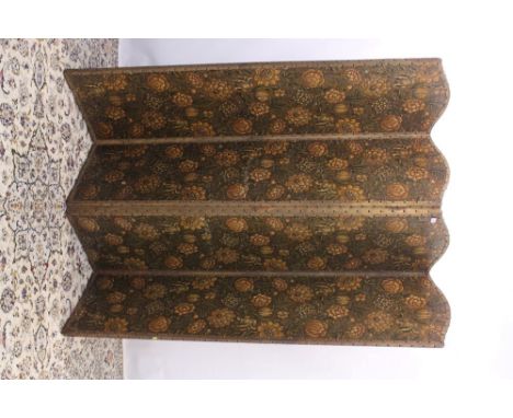 Victorian embossed four-fold screen, four arched button closed panels, polychrome decorated with scrolling flowers, each pane