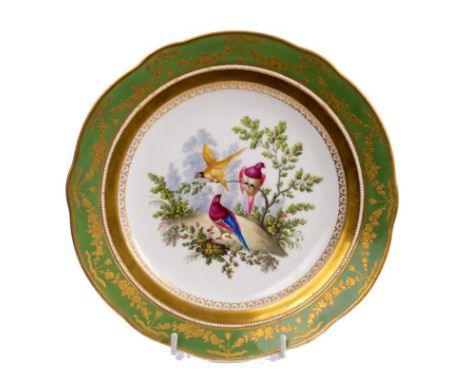 Rare early 19th century Nantgarw porcelain plate, circa 1817, finely painted with exotic birds on trees, in an apple green bo