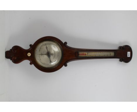 Early Victorian rosewood barometer by Horne & Thornwaite, London with silvered dial and carved scrolls, 95cm
