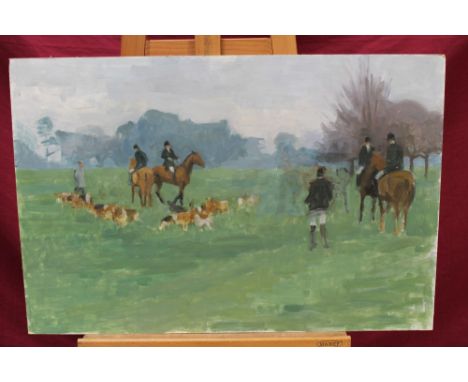 Jane Cursham (1935 - 2015), oil on board - The Hunt Meet, 51cm x 81cm, unframed, together with five further hunting scenes by