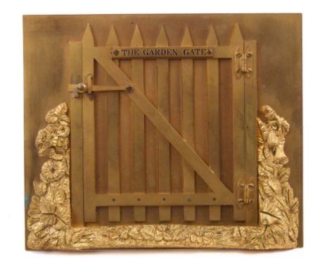 Rare Victorian ormolu novelty photograph frame by G. Betjemann & Sons, with enamel title 'The Garden Gate', with opening gate