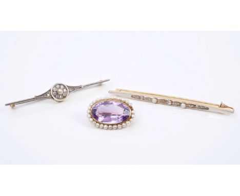 Edwardian pearl, diamond and enamel bar brooch, another similar and an Edwardian amethyst and seed pearl brooch (3)