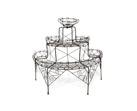 19th century-style iron wirework three tiered waterfall planter of hemispherical form, raised on four supports, 102cm wide CO
