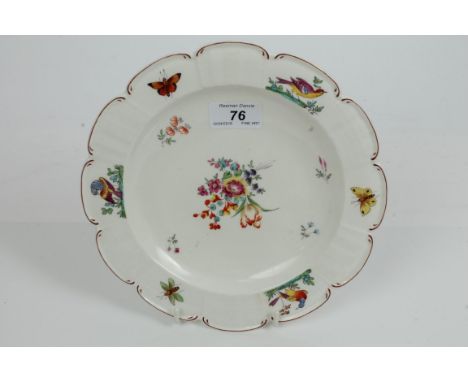 18th century Chelsea gold anchor period polychrome plate printed and painted with birds, insects and flora - gold anchor mark