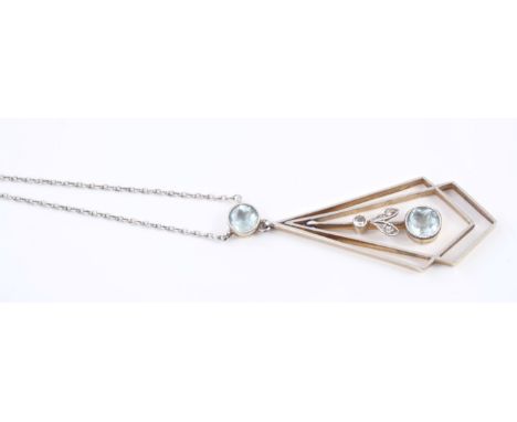 Art Deco aquamarine and diamond pendant necklace with aquamarine and diamond drop suspended within openwork frame from a furt