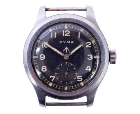 Second World War Cyma WWW military wristwatch with manual wind movement, circular matte black dial with subsidiary seconds at