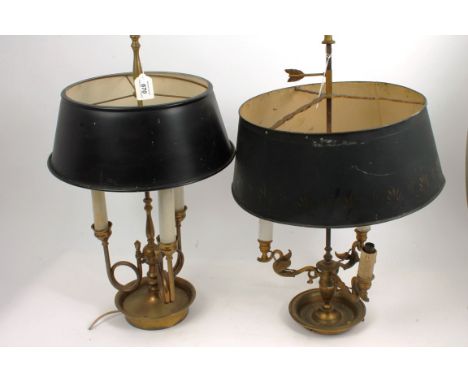 French Empire-style three light lamp with toleware shade and three scrolled swan form arm on circular base, together with ano