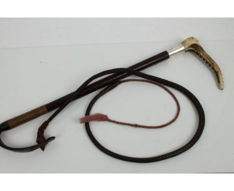 Early 20th century silver mounted and leather hunting whip with stag horn handle, by Geo. Parker & Sons London