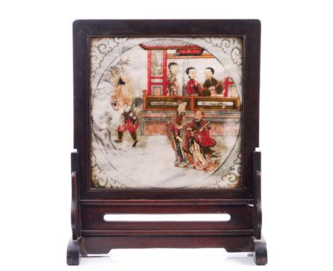 19th century Chinese hardwood and marble table screen with polychrome painted scene of courtiers and verse to verso, on hardw