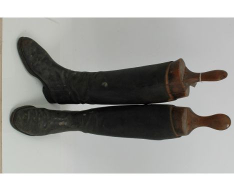 Pair Edwardian black leather hunting boots with wooden trees