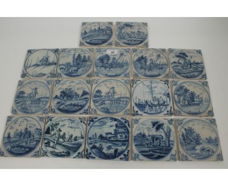 Seventeen 18th century Dutch Delft tin glazed blue and white pottery tiles, painted with figures and landscapes, etc, 12.5cm 