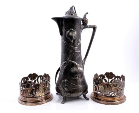 Late 19th / early 20th century WMF jug of baluster form, with raised Art Nouveau-style floral decoration, angular handle and 