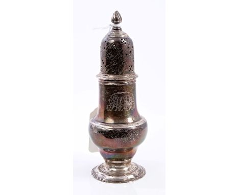 George II silver caster of baluster form, with engraved monogram and detachable pierced cover, with flame finial (London 1756