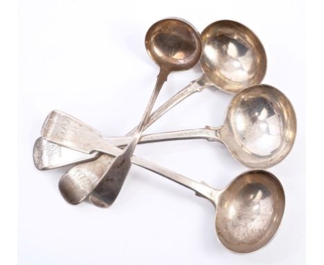 Pair William IV silver fiddle pattern sauce ladles with engraved initials (London 1833), William Eaton, together with another