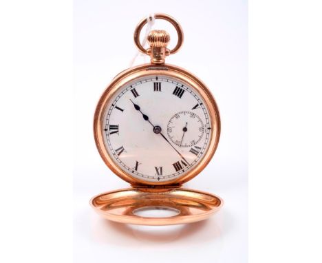 Gentlemen's rose gold (9ct) half hunter pocket watch with Swiss fifteen jewel button-wind movement, white enamel dial with su