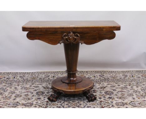 William IV rosewood card table, rounded rectangular frieze enclosed baize-lined playing surface with well below, on tapered c