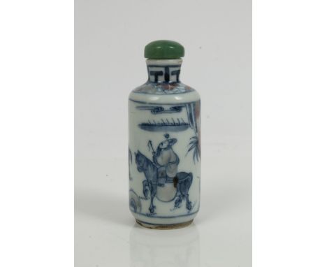 Chinese blue and white porcelain snuff bottle of cylindrical form, with painted figures - six character mark, 8cm CONDITION R