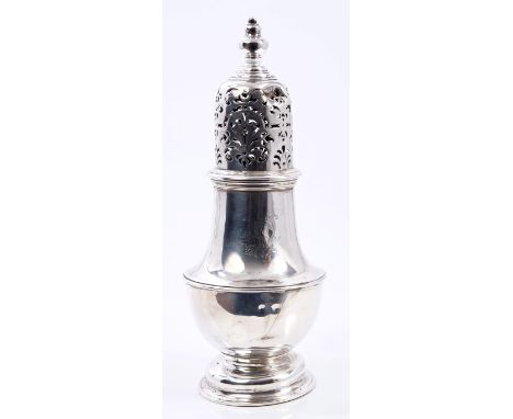 Victorian silver sugar caster of baluster form, with pierced cover with urn finial and bayonet fitting, on a domed circular b