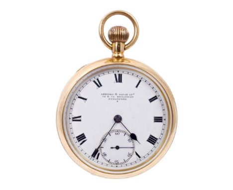 Gentlemen's gold (18ct) open face pocket watch with English button-wind seven jewel movement, white enamel dial, retailed by 