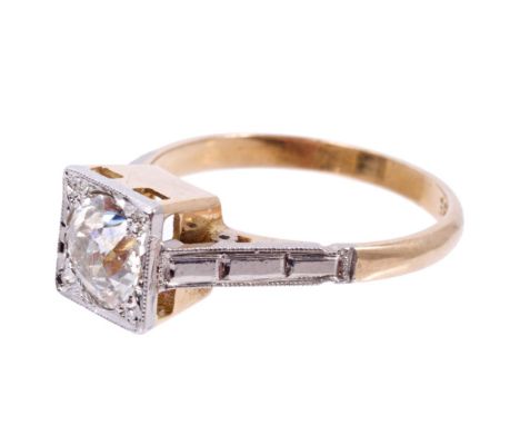 Art Deco diamond single stone ring with an old cut diamond estimated to weigh approximately 0.87 carats, in square platinum s
