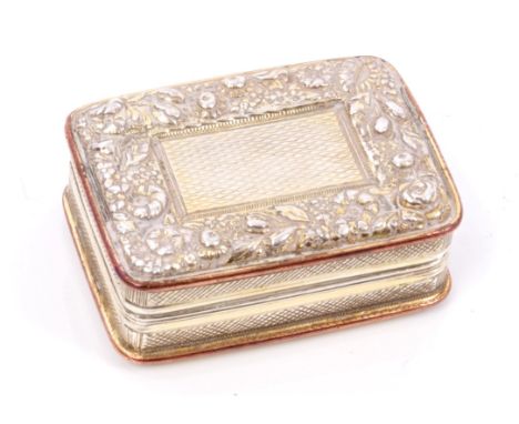 George III silver gilt vinaigrette of rectangular form, with engine-turned decoration, raised floral border and rose gold edg