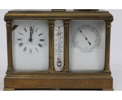 Victorian brass combined carriage clock, barometer / thermometer and compass in rectangular brass case with turned pillars an