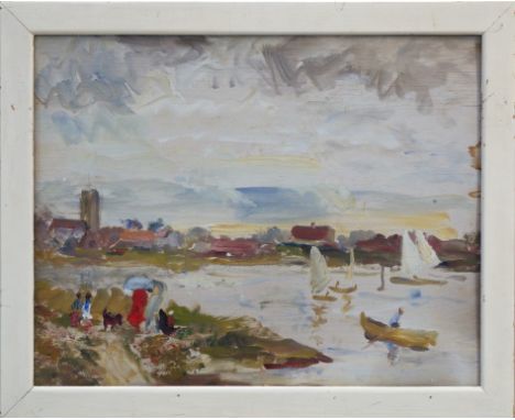 Jean Dryden Alexander (1911 - 1994), oil on board - The Boating Lake, Walton on the Naze, with family members on the bank and