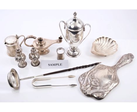 Selection of miscellaneous silver including mustard pot, two-handled trophy cup, toast rack, Art Nouveau hand mirror, ashtray