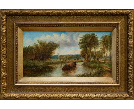 Robert Burrows (1810 - 1893), oil on panel - Hay barge in a river landscape, signed, 21.5cm x 39cm CONDITION REPORT Panel app