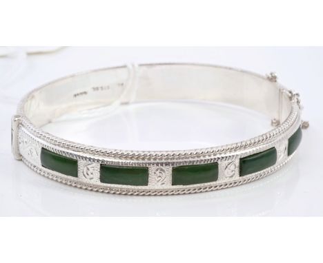 Vintage sterling silver hinged bangle with nephrite / New Zealand jade panels, impressed marks to inside 'H & S STG.SIL, Made