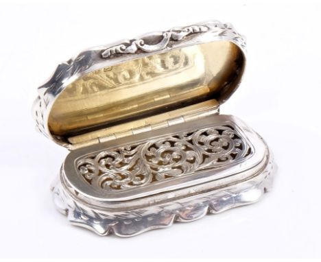 Victorian silver vinaigrette of shaped oval form, with engine-turned decoration and foliate engraved borders, hinged cover wi