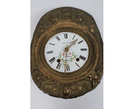 French Comtoise wall clock with eight day weight-driven movement striking on a bell, white enamel dial with Roman numeral and