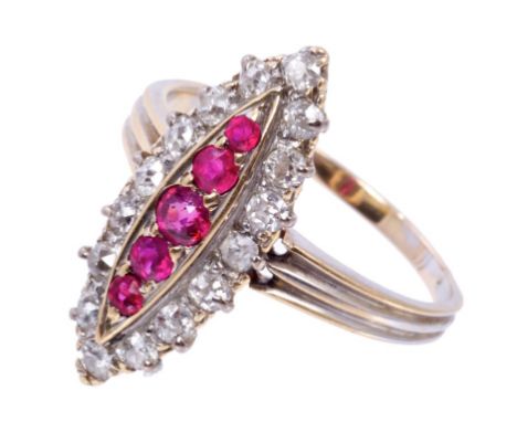 Late Victorian ruby and diamond marquise-shape cluster ring, with five mixed cut rubies surrounded by sixteen old cut diamond