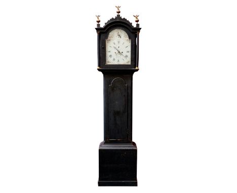 Late 18th century longcase clock with eight day movement, white enamel breakarch dial with painted floral spandrels and bird,