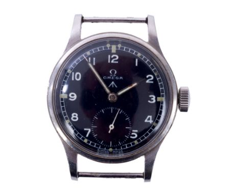 Rare 1940s Second World War Omega WWW military wristwatch with manual wind movement, the circular matte black dial with subsi