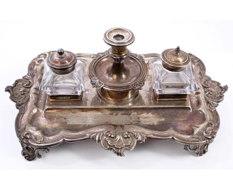 Fine quality William IV silver inkstand of shaped rectangular form, with shell and foliate border, on four scroll feet, pair 