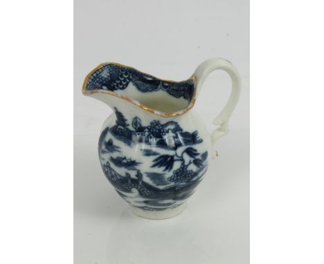 18th century Caughley blue and white milk jug of fluted helmet form, with printed Chinese landscape - underglazed blue 'S' ma