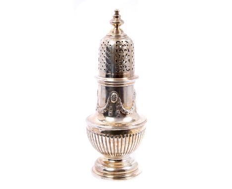 Fine quality late Victorian silver sugar caster of baluster form, with classical swag decoration and fluted lower body, detac