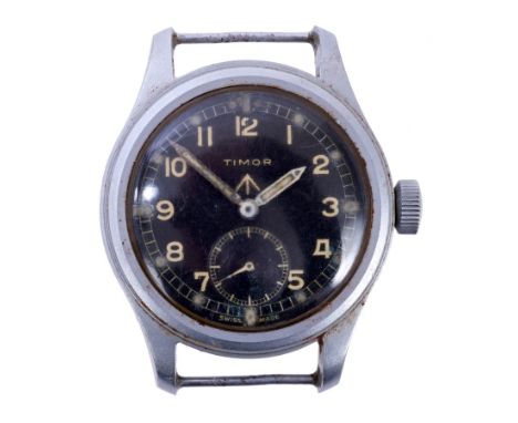 1940s Second World War Timor WWW military wristwatch, with manual wind movement, circular matte black dial with subsidiary se