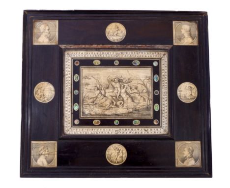 Fine quality 19th century Continental / Italian box, the ebony lid from an earlier period with inlaid and engraved ivory pane