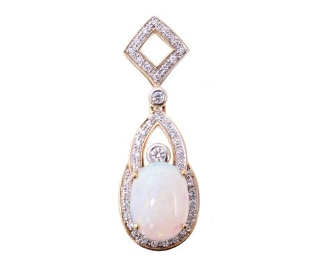 Opal and diamond pendant, the oval cabochon opal estimated to weigh approximately 3 carats, surrounded by brilliant cut diamo