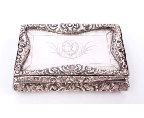 Fine quality William IV / early Victorian silver table snuff box of rectangular form, with raised floral borders and engine-t