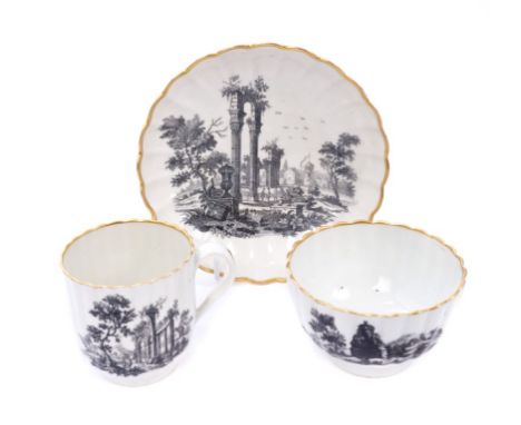 18th century Worcester fluted tea bowl, coffee cup and saucer, printed en grisaille, with classical ruins with gilt rims (3) 